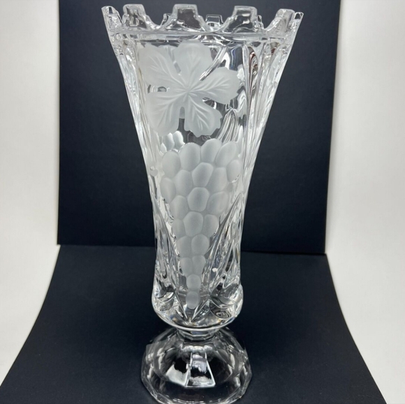 Other - Vintage Cut Crystal Vase Etched with Grapes And Leaves Has Sawtooth Edge
